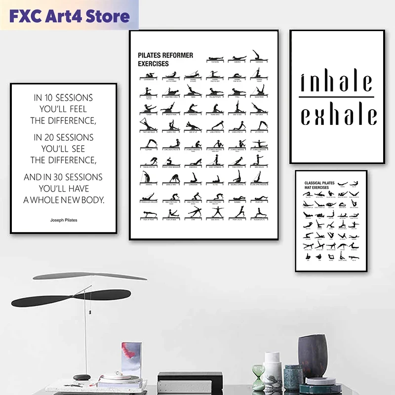 Sports Equipment Poster - Rahmenloses Pilates-Workout-Diagramm Poster Leinwanddrucke Yoga-Raum Wanddekoration,