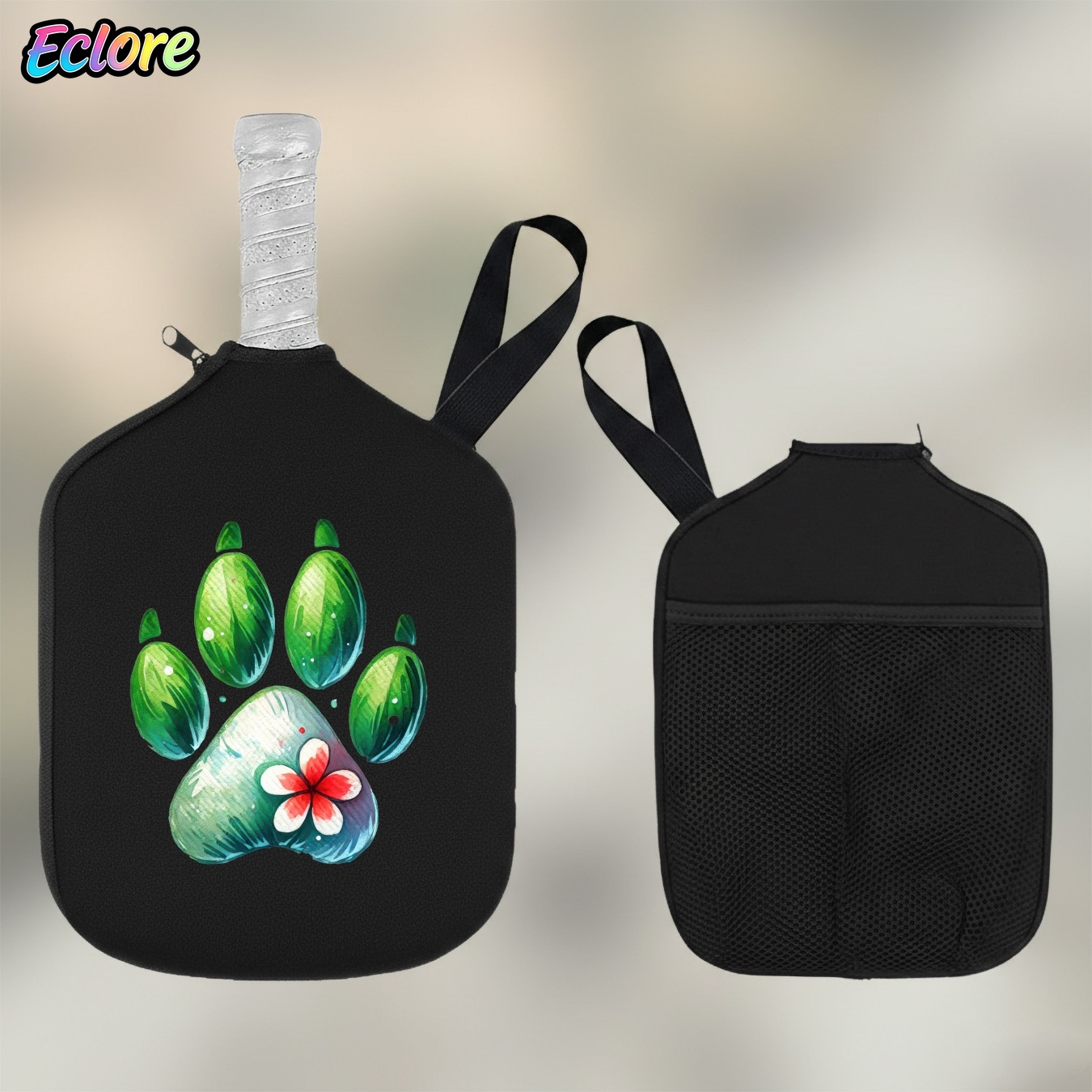 Pickleball Paddle - Grüne Paddelhülle mit Aquarell-Pfotenabdruck, robuste Pickleball-Schlägertasche,